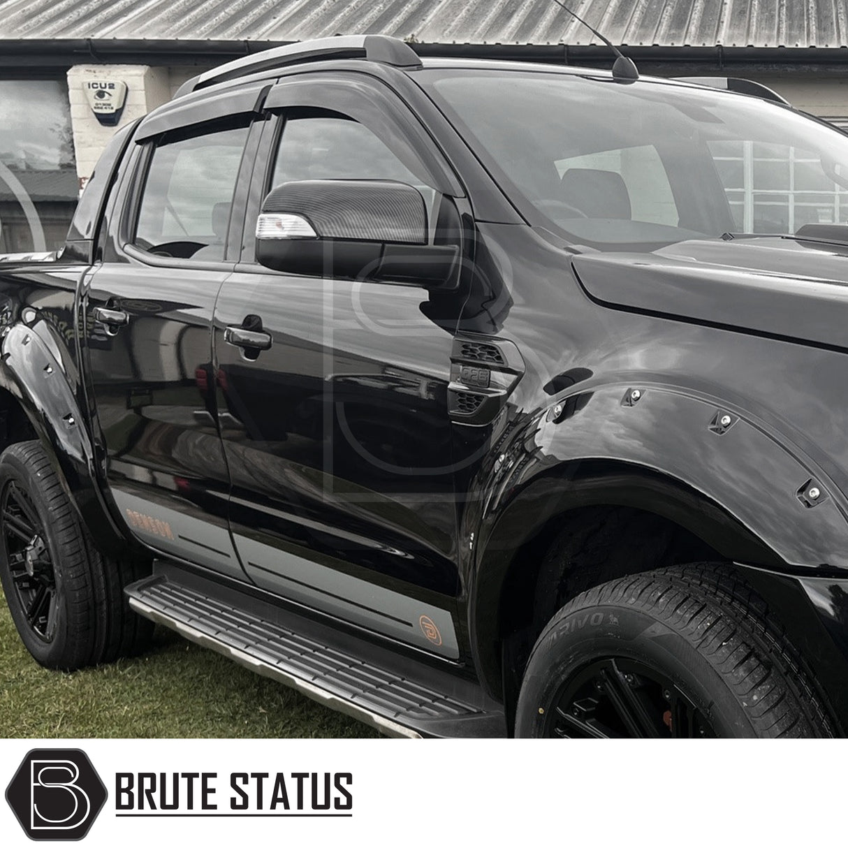 Ford Ranger 2012-2022 T6 T7 T8 Window Wind Deflectors, featuring a durable black design with white lettering, enhance aerodynamics and provide rain protection.