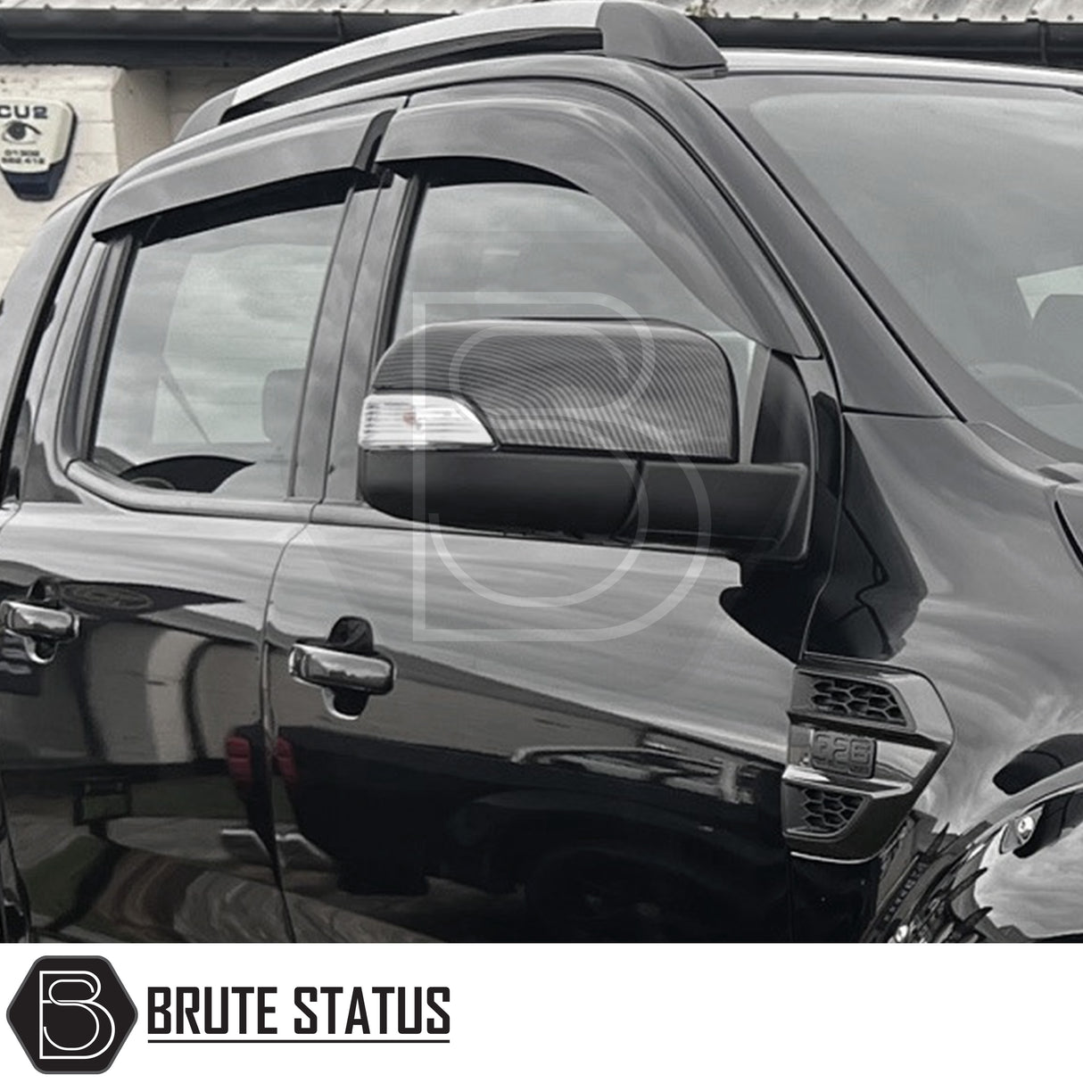 Ford Ranger 2012-2022 T6 T7 T8 Window Wind Deflectors, featuring a durable black design with white lettering, enhance aerodynamics and provide rain protection.