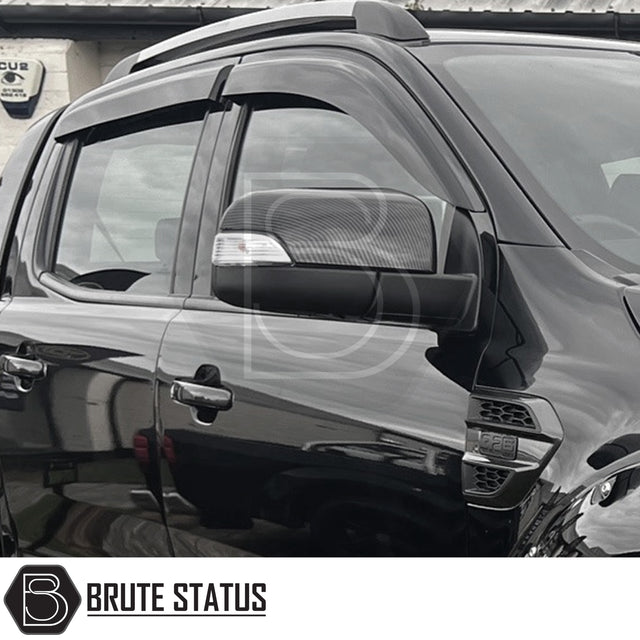 Ford Ranger 2012-2022 T6 T7 T8 Window Wind Deflectors, featuring a durable black design with white lettering, enhance aerodynamics and provide rain protection.