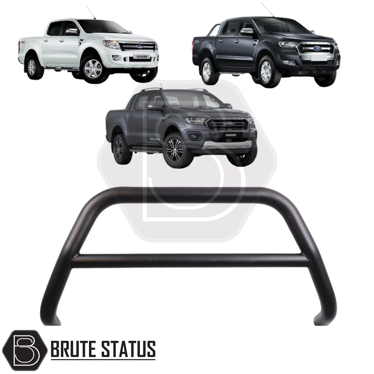 Matte black nudge bar fitted to a 2012–2022 Ford Ranger, made from durable carbon steel to enhance styling and provide bumper protection, with a TÜV-certified, no-drill, DIY installation using chassis-mounted U-brackets.