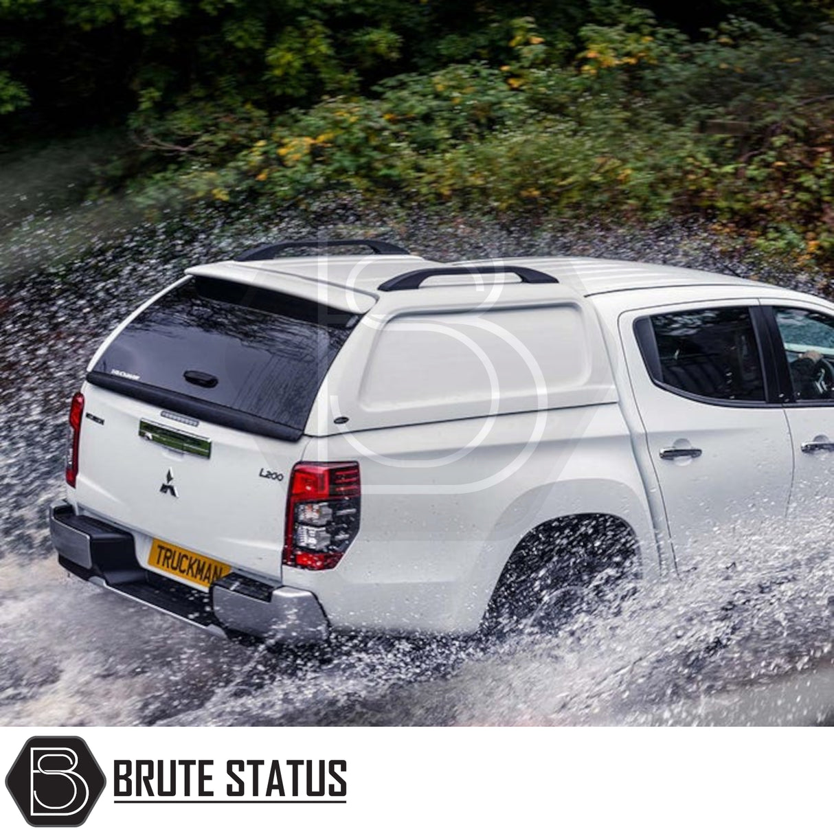 Mitsubishi L200 with Truckman L-Series hardtop canopy, splashing through stream; features solid sides, remote locking, and enhanced storage. Ideal for secure, stylish transport.