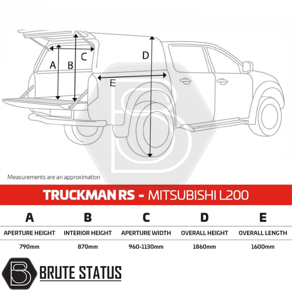 Technical sketch of Truckman RS Hardtop Canopy for Mitsubishi L200, with dimensions and features like remote locking and solid sides for enhanced security.
