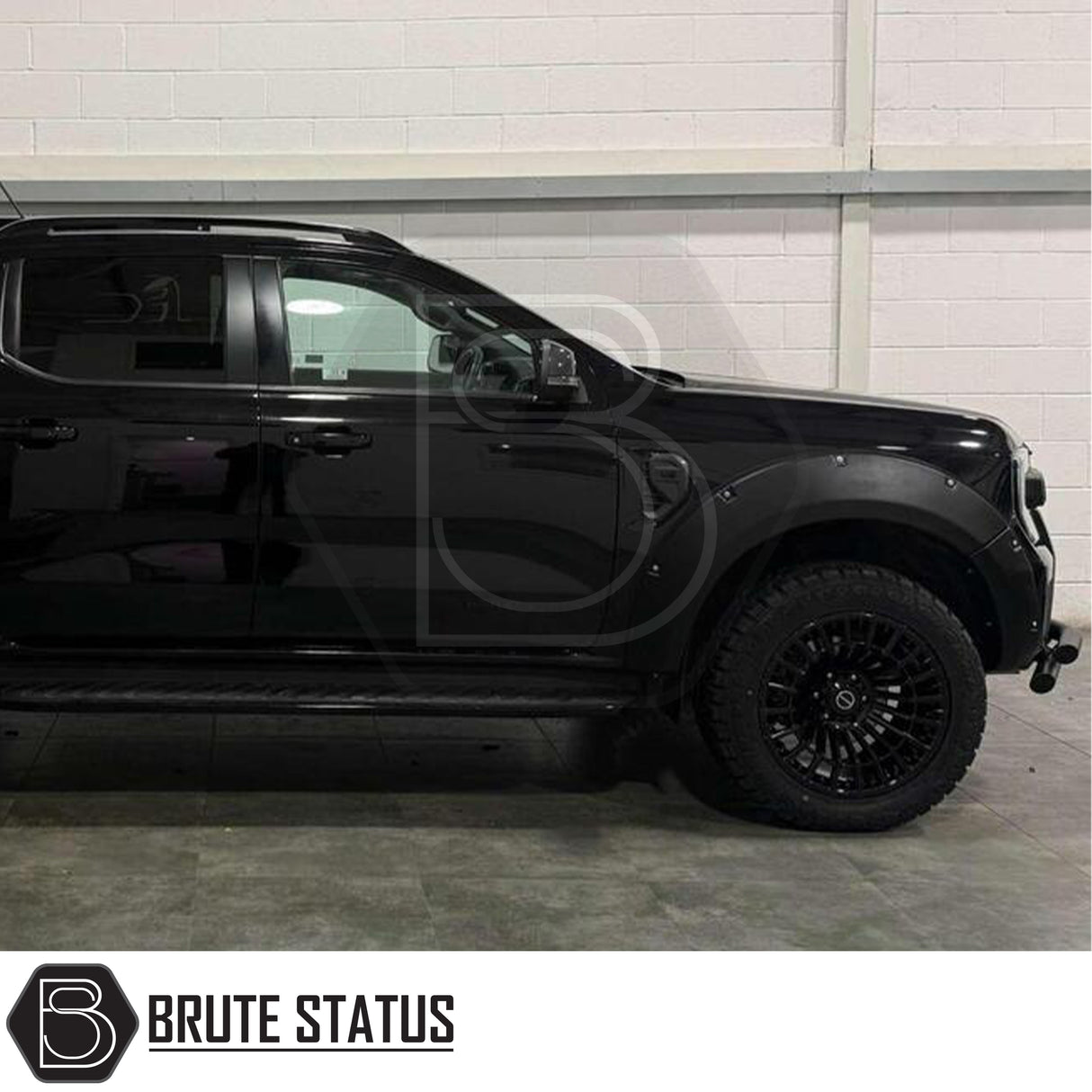 Ford Ranger 2023+ wide ABS wheel arches with chrome rivets and no-drill 3M tape fitment, paired with 35mm hub-centric 6061-T6 alloy wheel spacers with M12x1.5 studs for increased track and clearance