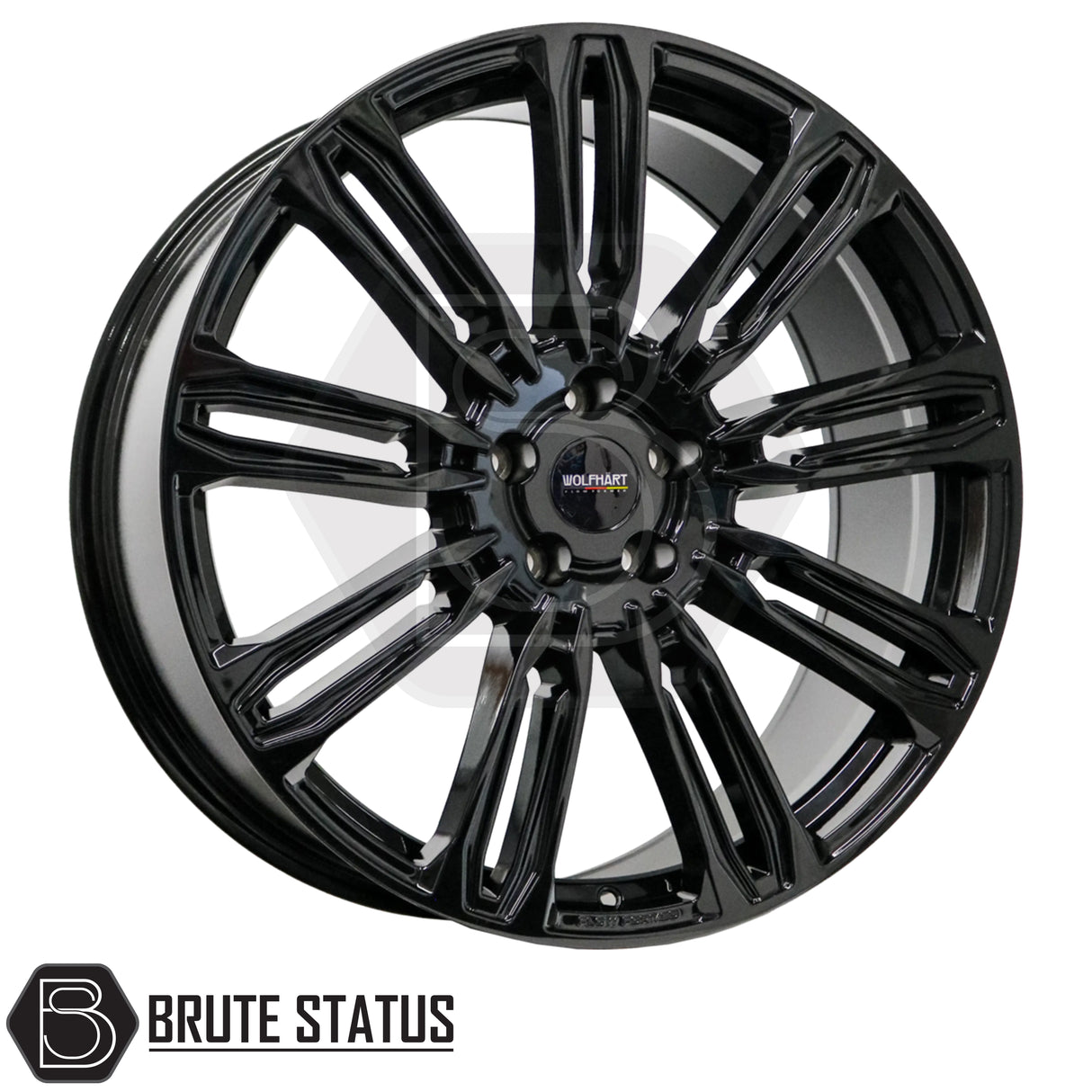 Wolfhart Flowformed RR1 Gloss Black 22x9.5 Wheel Set – Set of 4 high-performance alloy wheels, 5x120 PCD, ET37 offset, 65.1mm centre bore, 1050kg load rating, includes wheel nuts and spigot rings, suitable for trucks and SUVs.