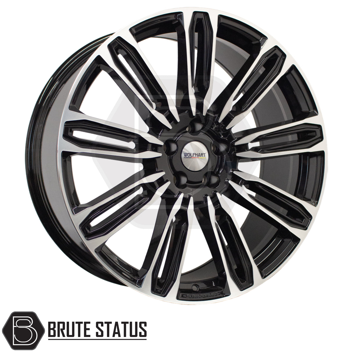 Wolfhart Flowformed RR1 Gloss Black with Polished Face Wheels – Premium 22x9.5 flow-formed wheels, 5x120 bolt pattern, ET37 offset, 1050kg load rating, centre bore 65.1mm, complete set of 4 with accessories for secure installation.
