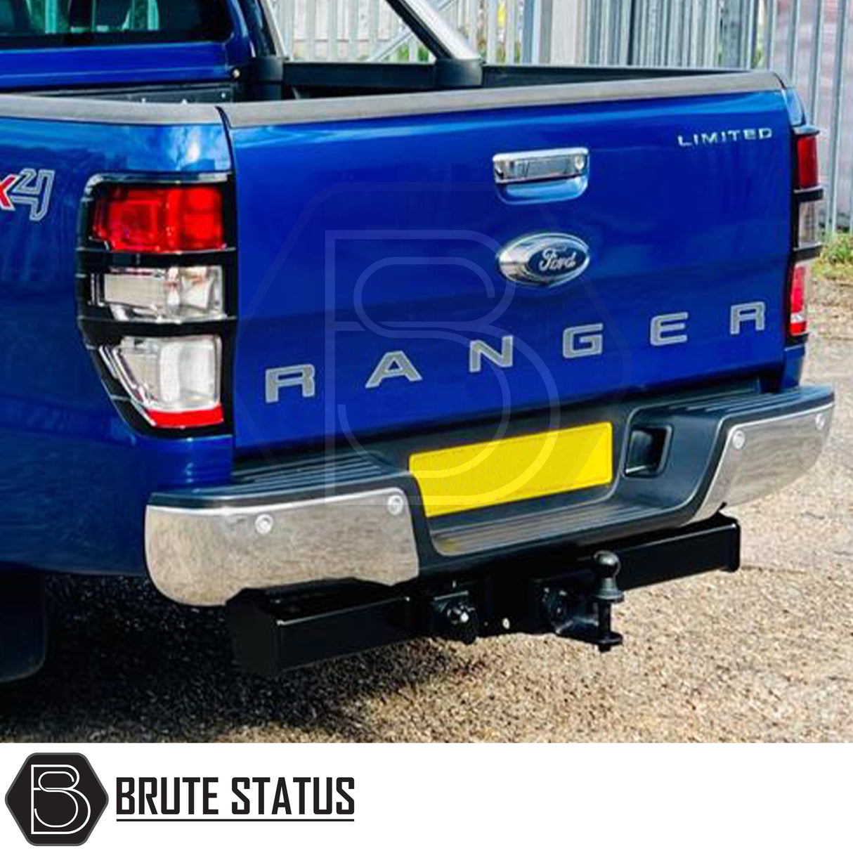 Brute Status chrome rear bumper for Ford Ranger 2012–2022 with parking sensor compatibility and non-slip step pads
