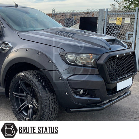 Matte black Raptor-style bonnet scoop for Ford Ranger 2015–2022, made from impact-resistant plastic with easy 3M tape installation and no drilling required