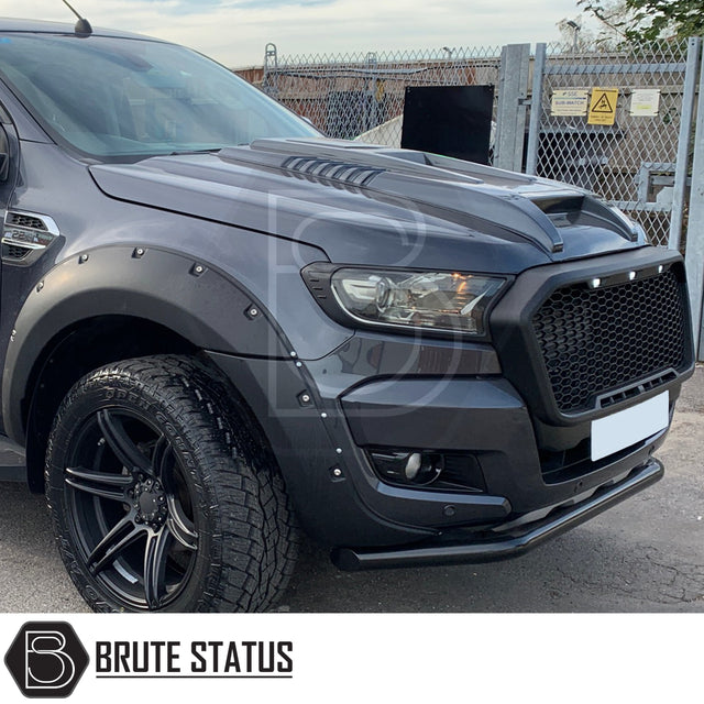 Matte black Raptor-style bonnet scoop for Ford Ranger 2015–2022, made from impact-resistant plastic with easy 3M tape installation and no drilling required