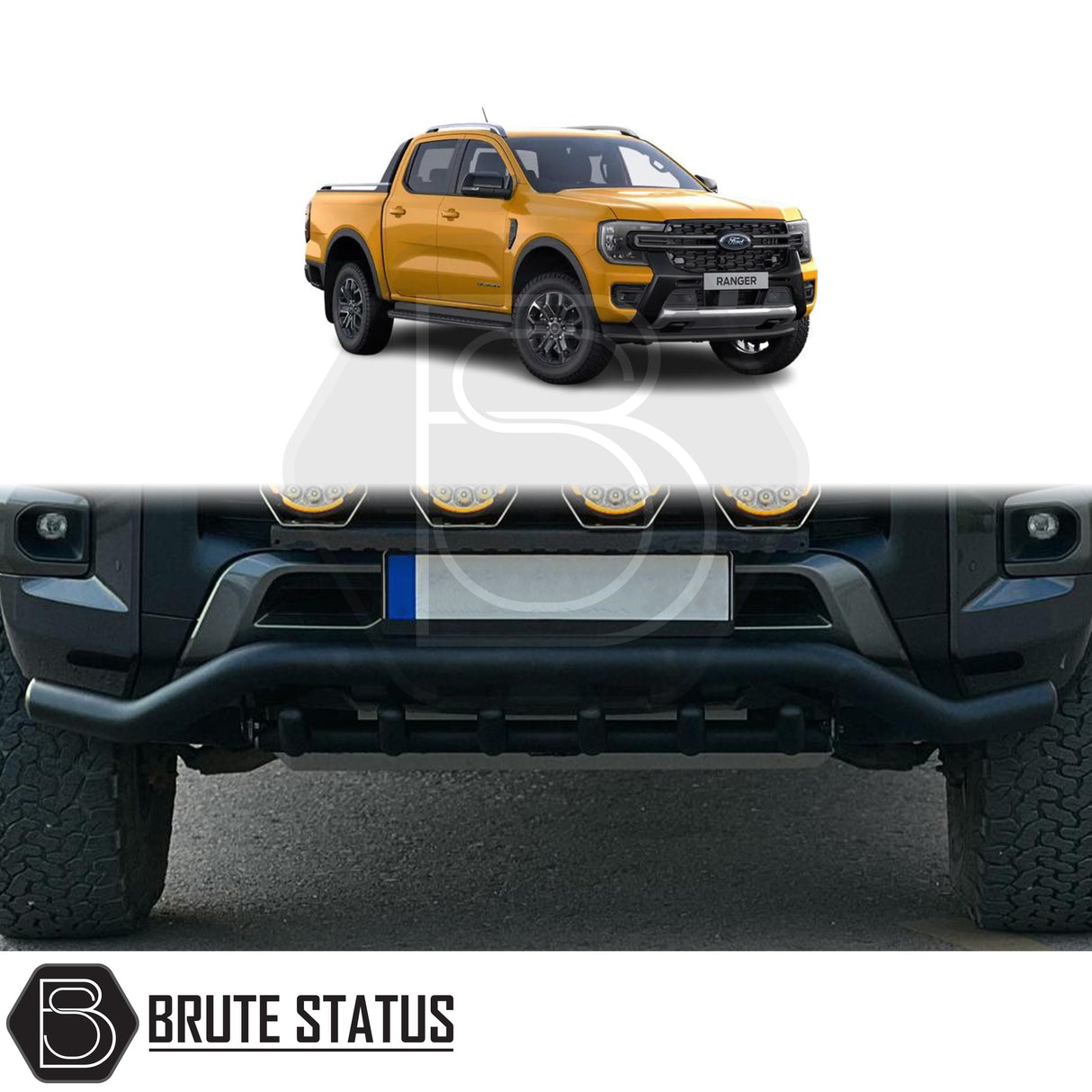 Matte black stainless steel city bar fitted to a Ford Ranger T9 (2023+), enhancing the truck's front-end appearance while protecting the bumper. Features include T304 stainless steel, easy no-drill installation with included fixings, and TÜV certification.