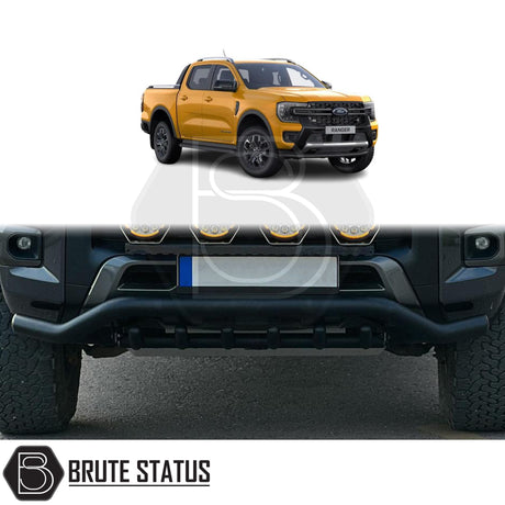 Matte black stainless steel city bar fitted to a Ford Ranger T9 (2023+), enhancing the truck's front-end appearance while protecting the bumper. Features include T304 stainless steel, easy no-drill installation with included fixings, and TÜV certification.
