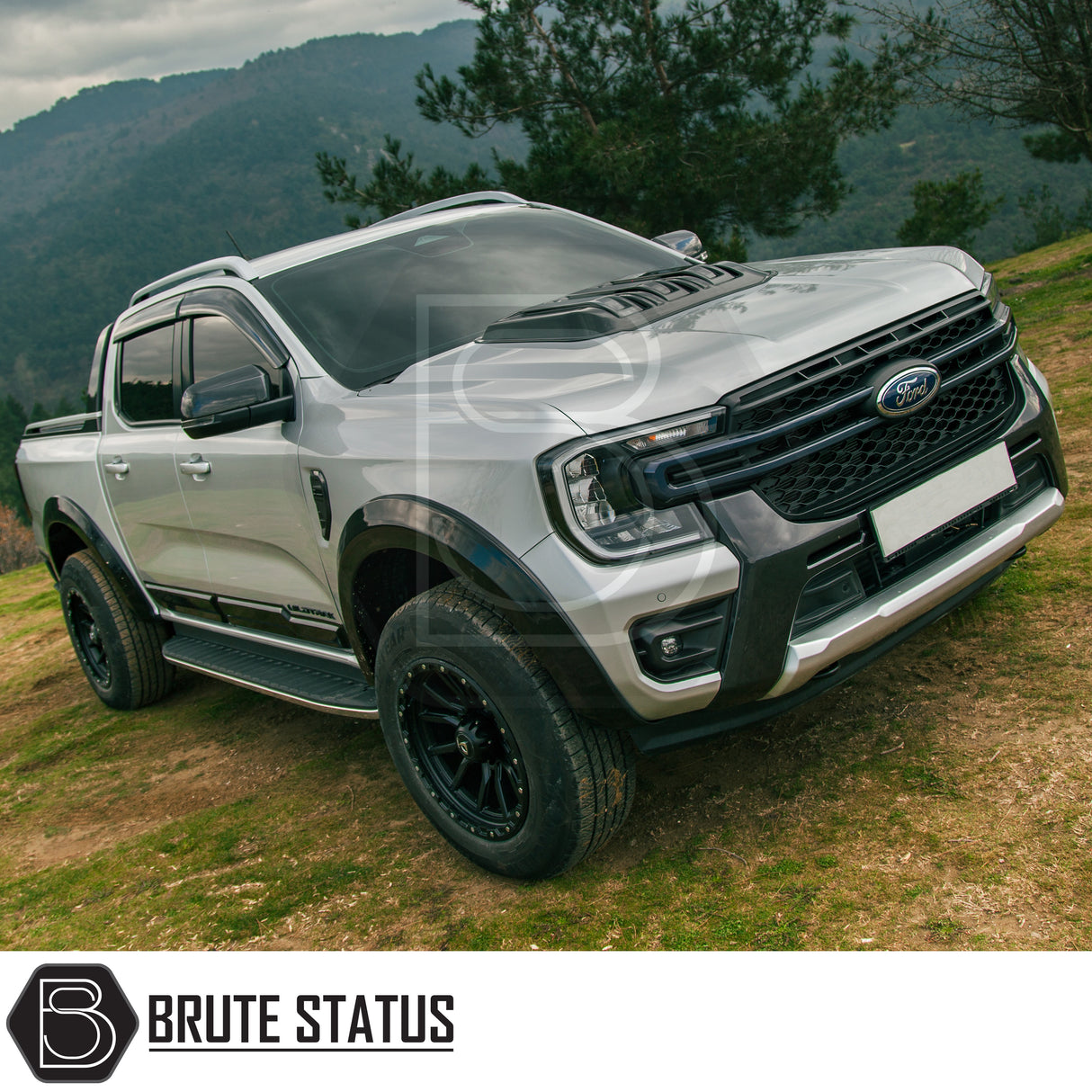 gloss black bonnet scoop for Ford Ranger T9 (2023+), made from impact-resistant plastic with 3M adhesive tape for easy, drill-free installation