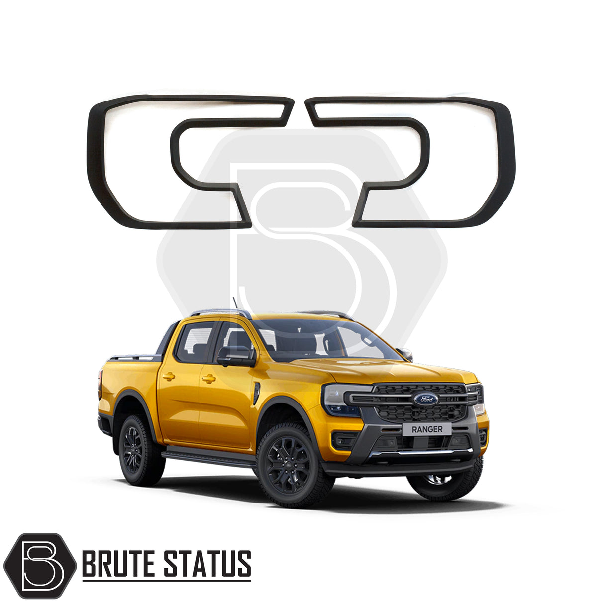 Brute Status matte black headlight and taillight cover trims for a Ford Ranger 2023+ pickup truck
