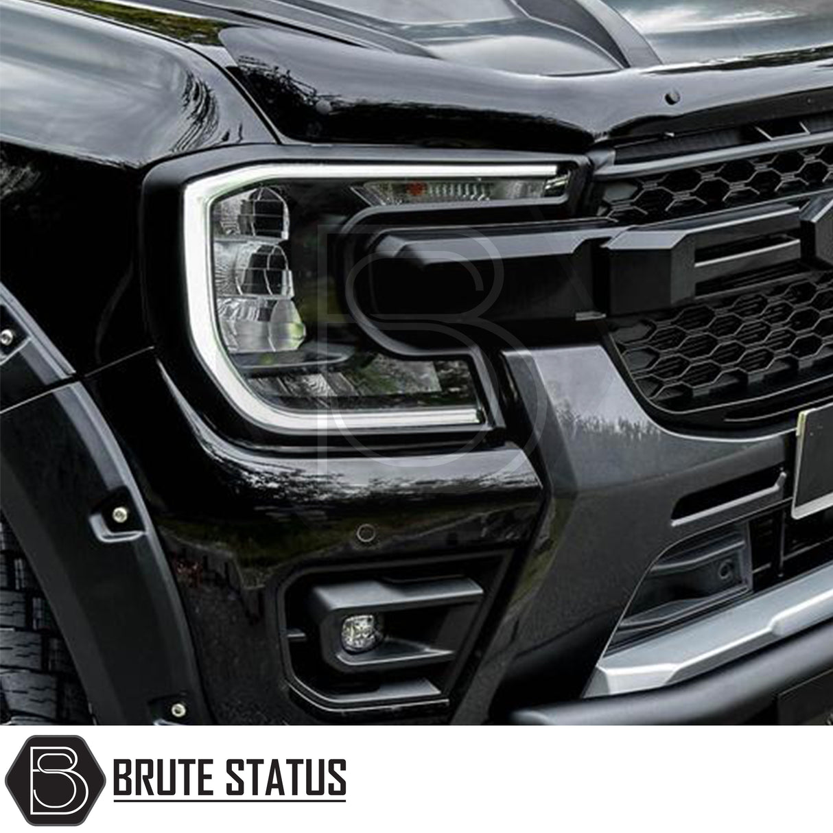 Brute Status matte black headlight and taillight cover trims for a Ford Ranger 2023+ pickup truck