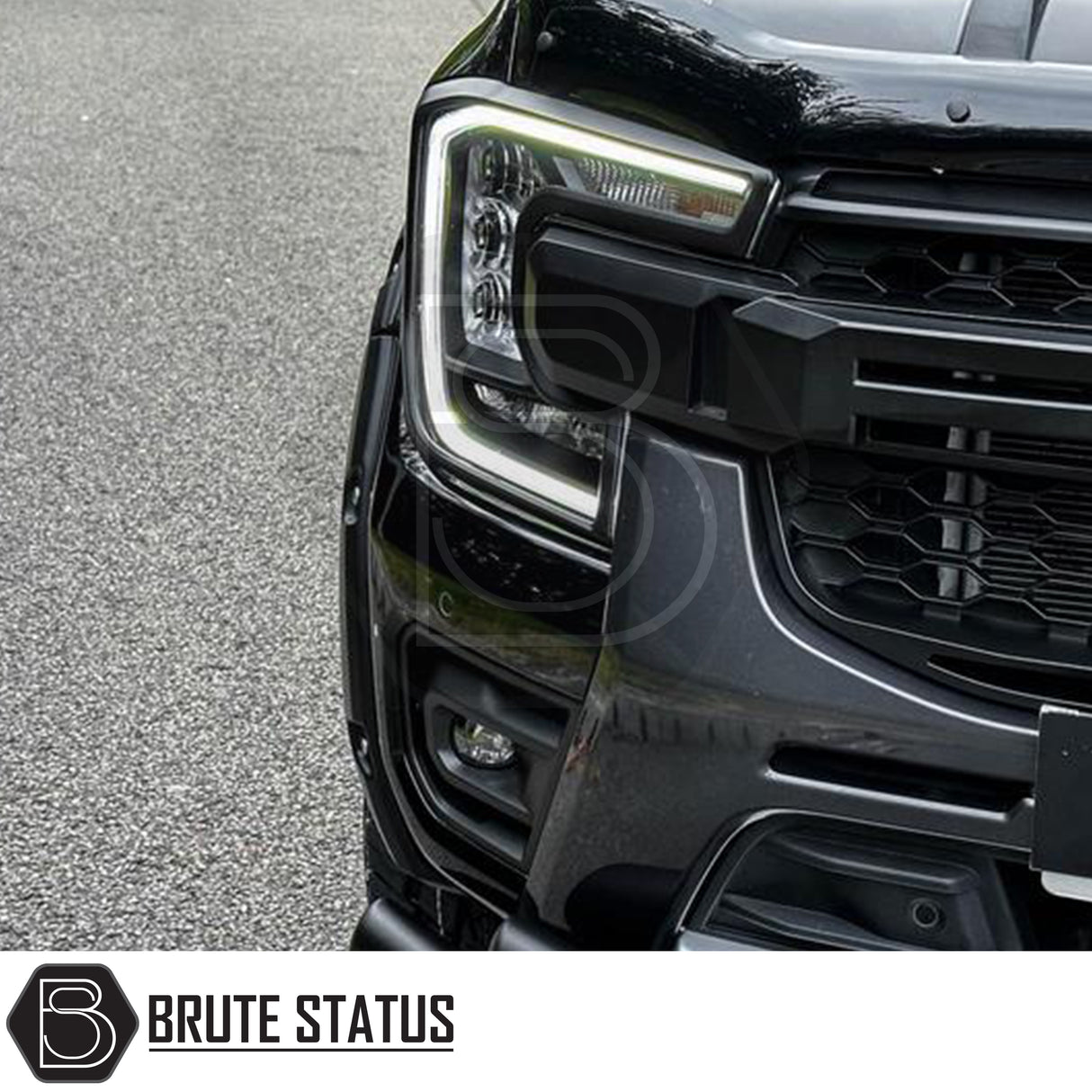 Brute Status matte black headlight and taillight cover trims for a Ford Ranger 2023+ pickup truck