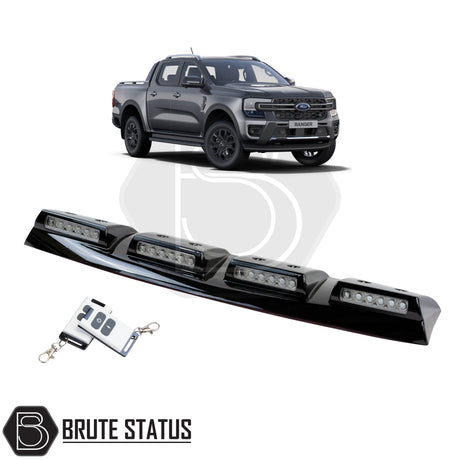 gloss black plastic roof spoiler with a set of 4 rows of bright white LEDs which also feature a wireless remote function, for the ford ranger 2023+ pickup truck