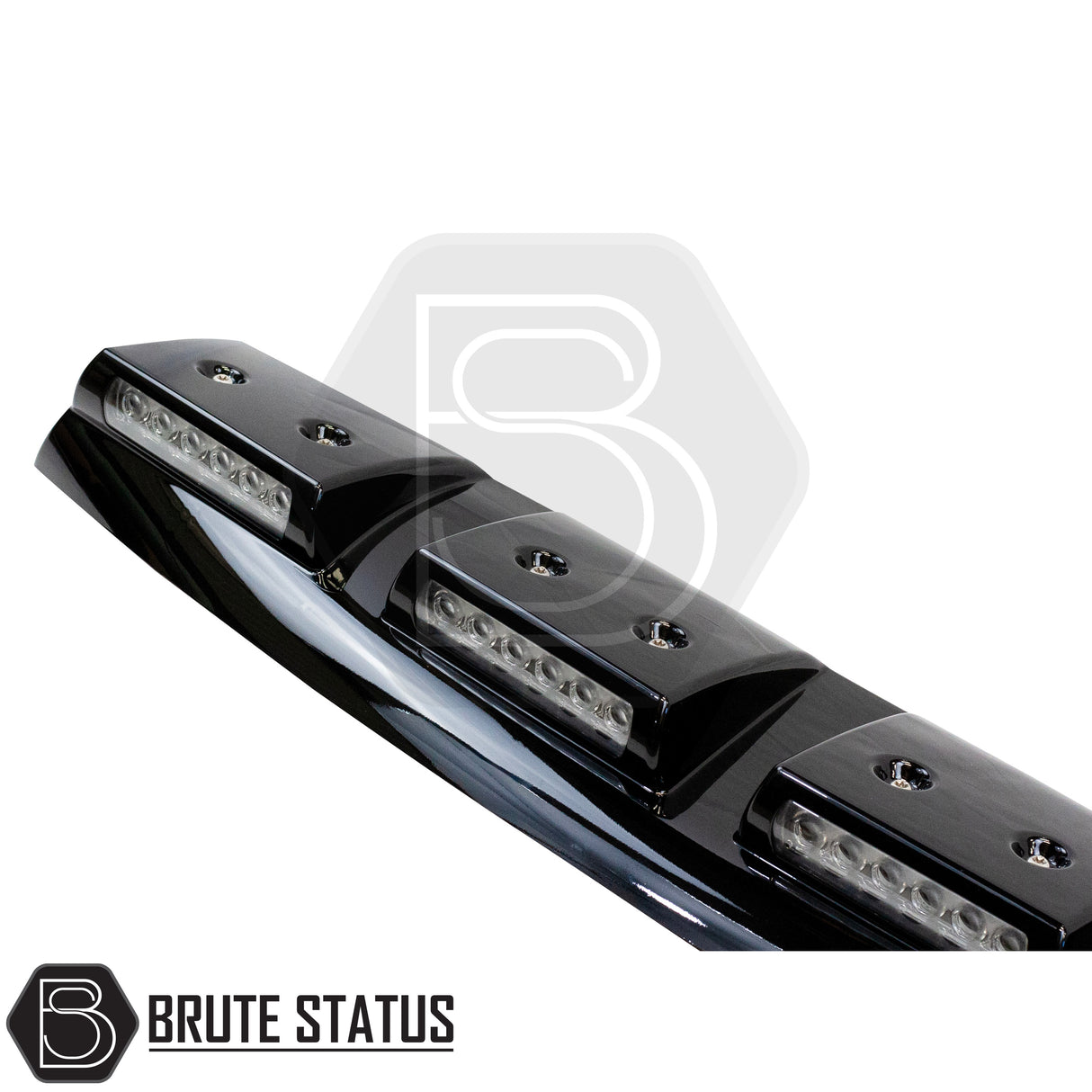 Ford Ranger 2023+ Roof Spoiler with LED Lights - Style 1 features a curved black mounting bar with three LED pods, enhancing vehicle style and visibility.