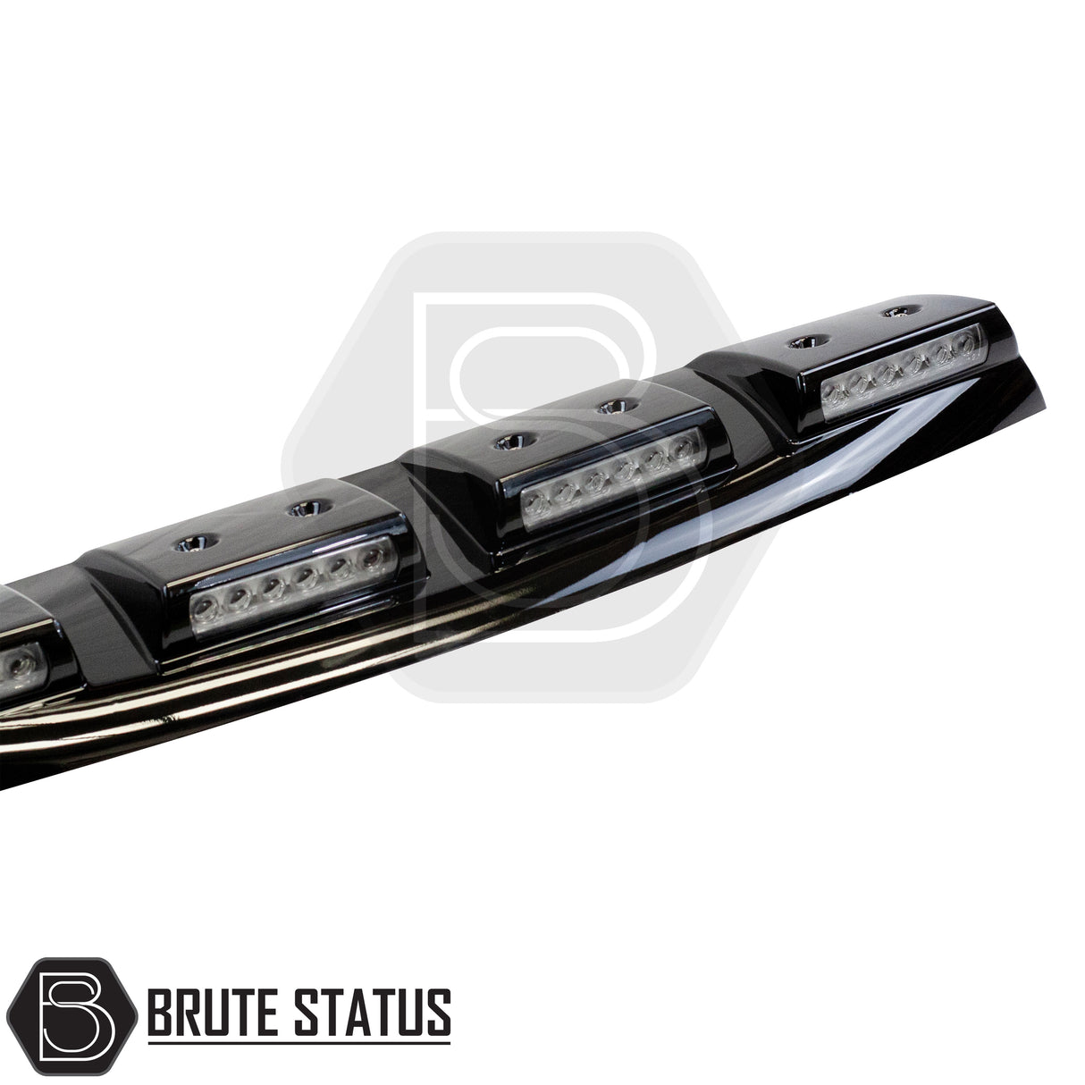 Ford Ranger 2023+ Roof Spoiler with LED Lights - Style 1, featuring gloss-black bull bar and four rectangular LED pods, by Brute Status.