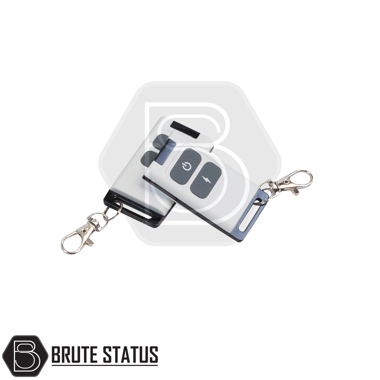 Two Brute Status key-fob remotes for the Ford Ranger 2023+ Roof Spoiler with LED Lights, featuring power and lightning-bolt buttons with keychain attachments.