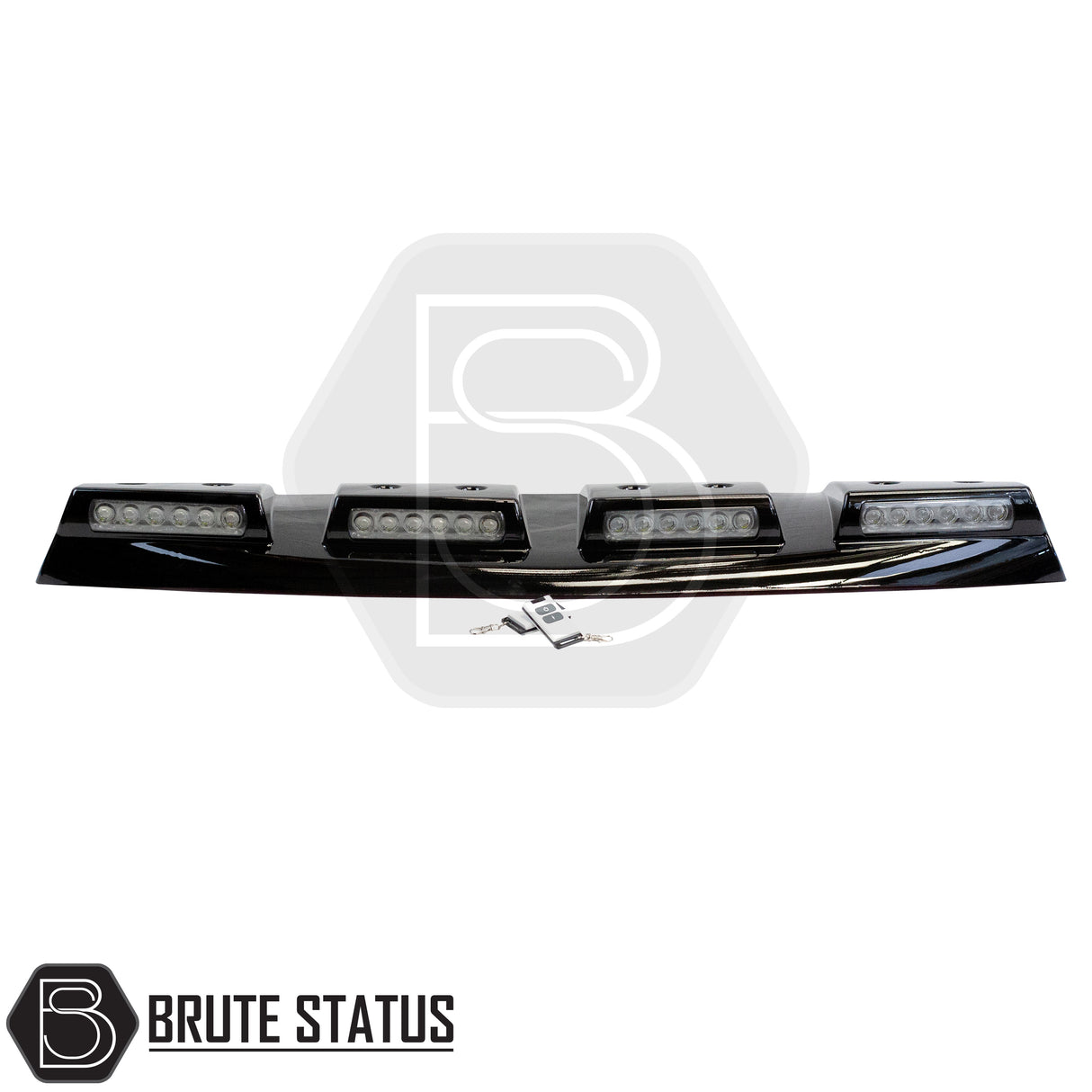 Ford Ranger 2023+ Roof Spoiler with LED Lights, featuring four LED pods, gloss black mounting bar, and two wireless remotes, enhancing vehicle style and visibility.