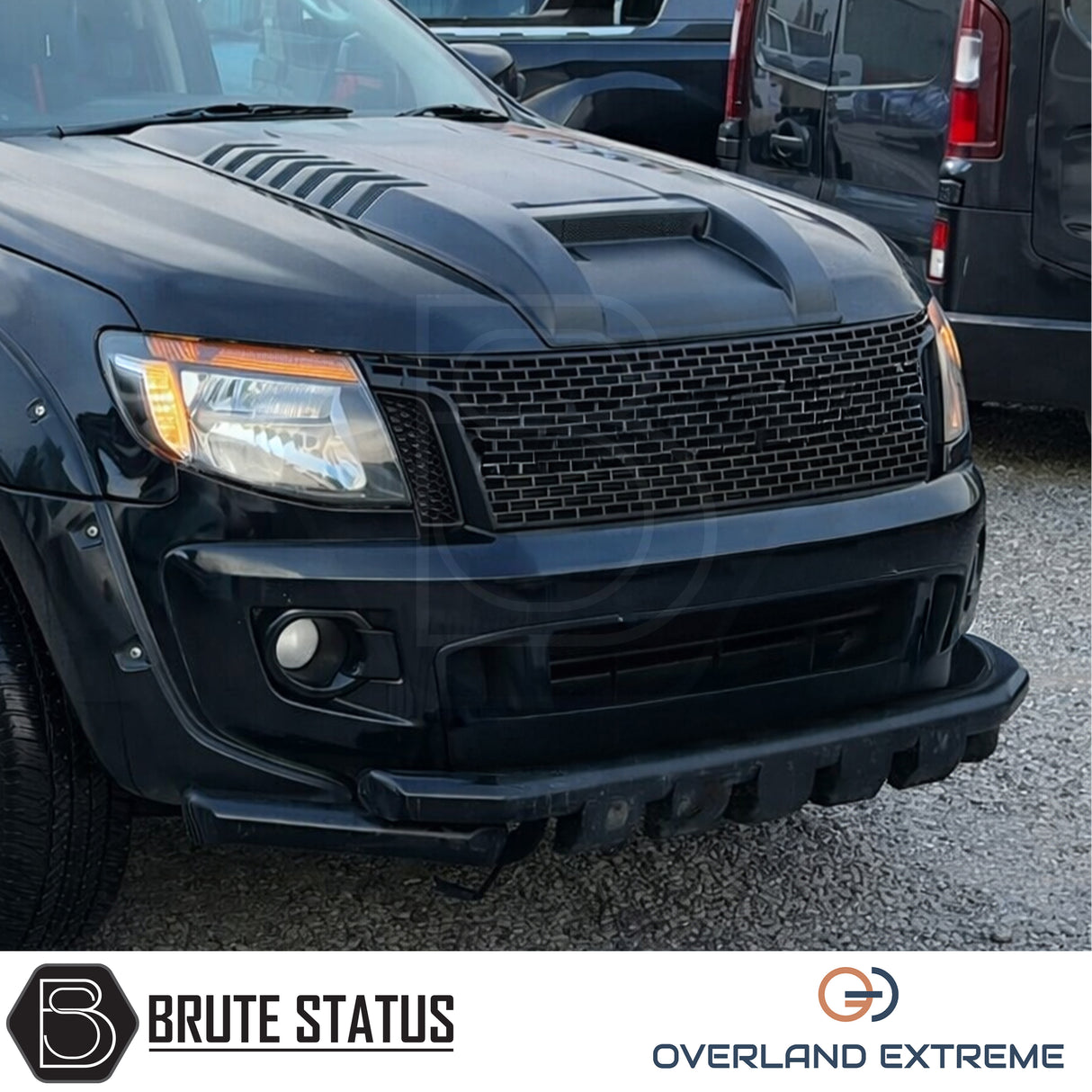 Matte black Ford Ranger 2012-2015 bonnet scoop, premium Overland Extreme hood scoop designed for pre-facelift models with bonnet washer jet cut-outs and no-drill installation.