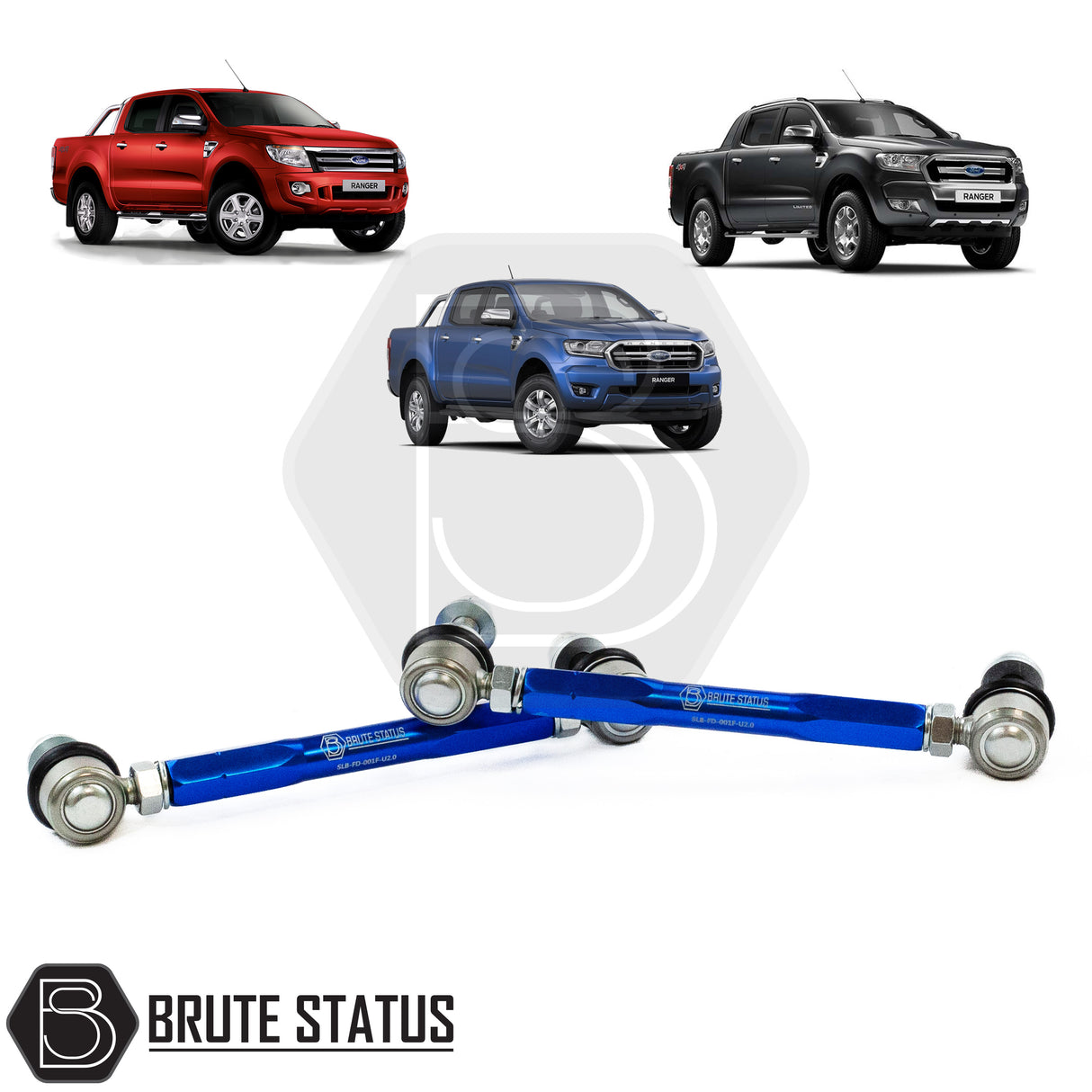 Brute Status suspension lift kit items in blue colour for fitment with Ford Ranger T6 2011-2015 models.  Image shows all three Ford Ranger models that this product can fit.