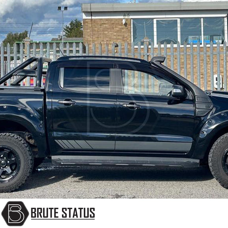 Ford Ranger Black Roof Rail Kit 2012-2022 on a black truck, highlighting high-quality aftermarket design for de-chroming and enhancing pickup individuality.