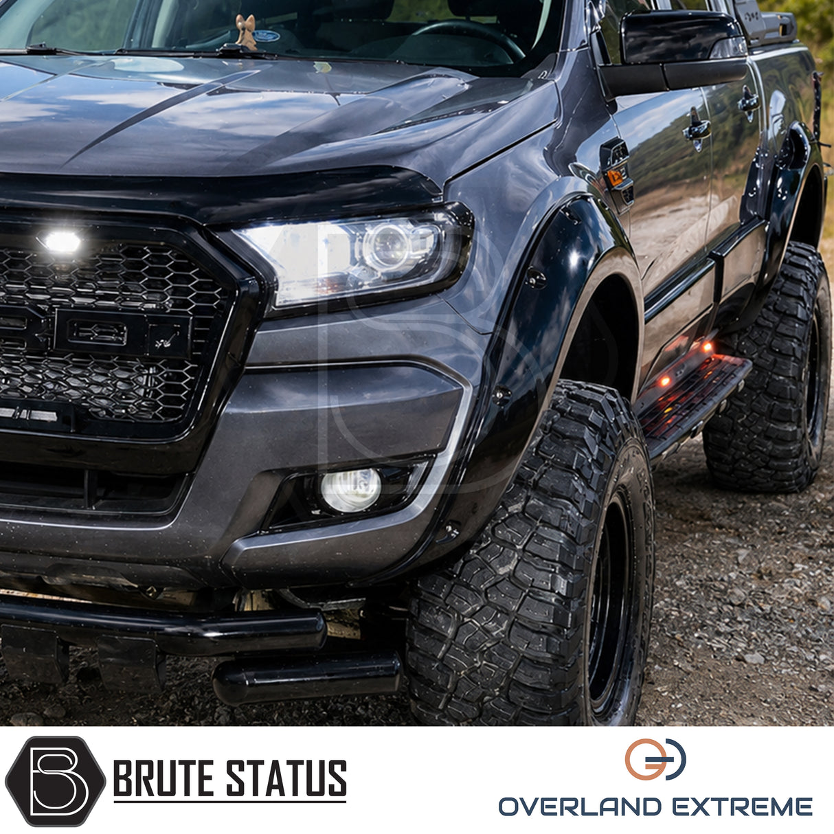 Ford Ranger 2012-2022 T6 T7 T8 gloss black wide arch kit, Overland Extreme riveted style wheel arch extensions for Double Cab pickup trucks.
