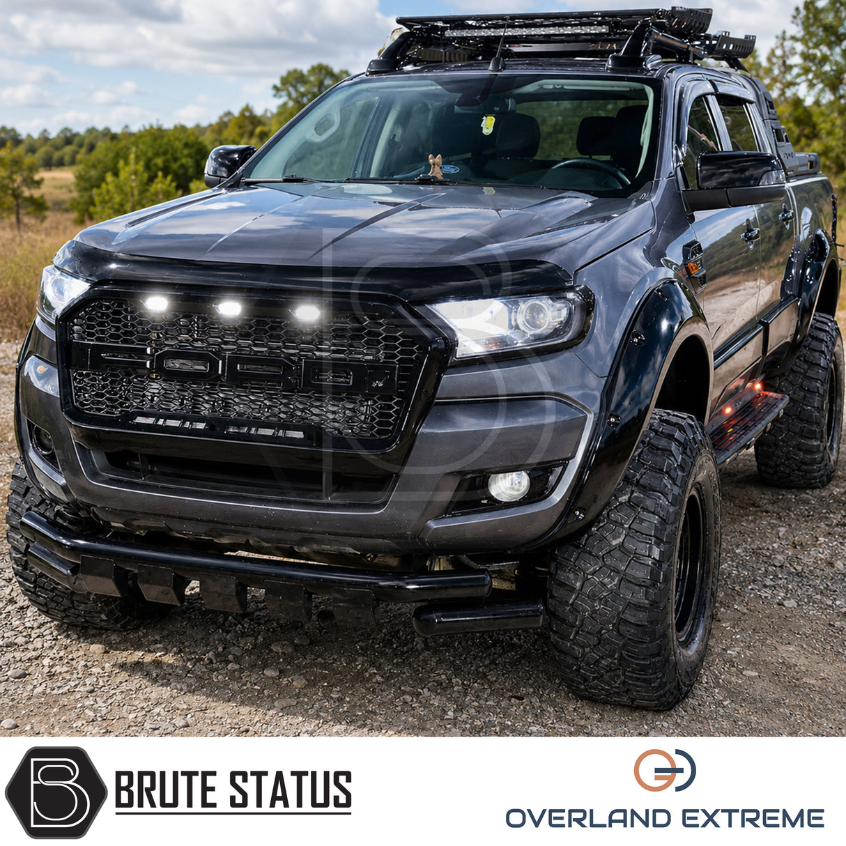 Gloss black Ford Ranger 2012-2022 riveted wide arch kit, premium Overland Extreme fender flare upgrade with CAD-designed fitment for T6, T7 and T8 models.