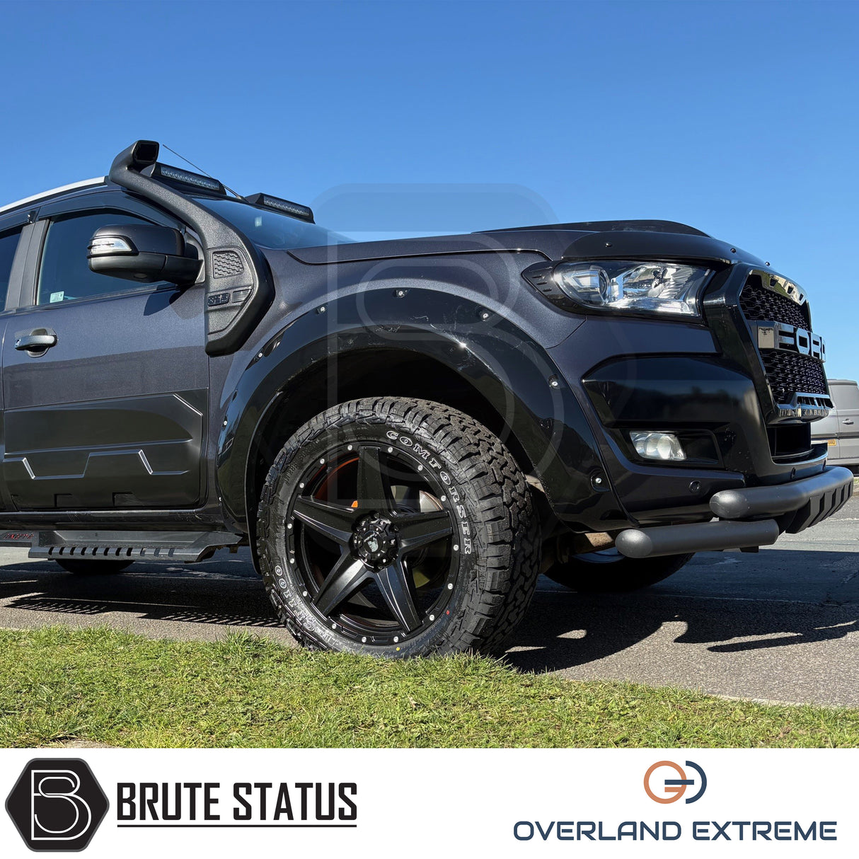 Ford Ranger 2012-2022 Double Cab gloss black wheel arch flare kit, Overland Extreme riveted overfenders with durable ABS construction and professional rubber seal fitment.