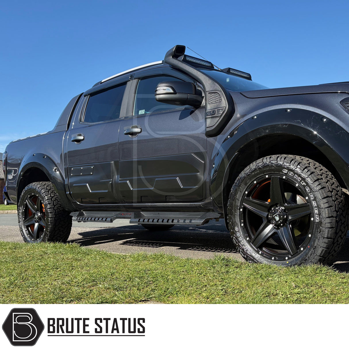 Side mounting, heavy duty body cladding protection fitted to Ford Ranger offroad 4x4 pick up truck, suitable for overlanding set ups.