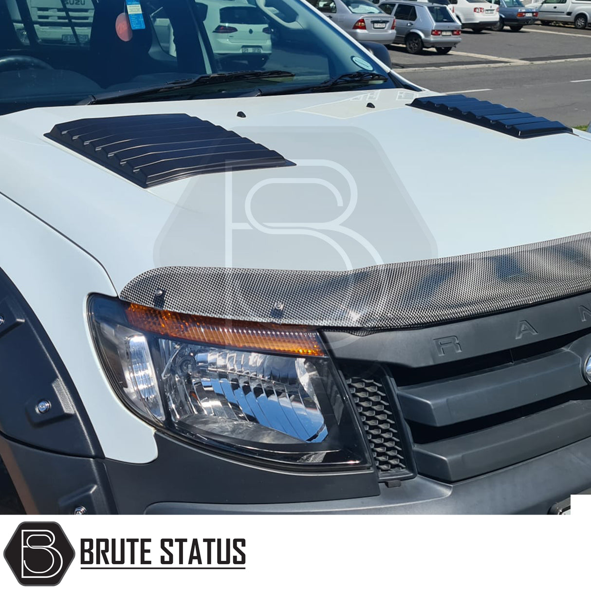 Aftermarket bonnet vents for Ford Ranger 2012–2022, impact-resistant plastic design with no-drill 3M tape fitment and reversible installation.