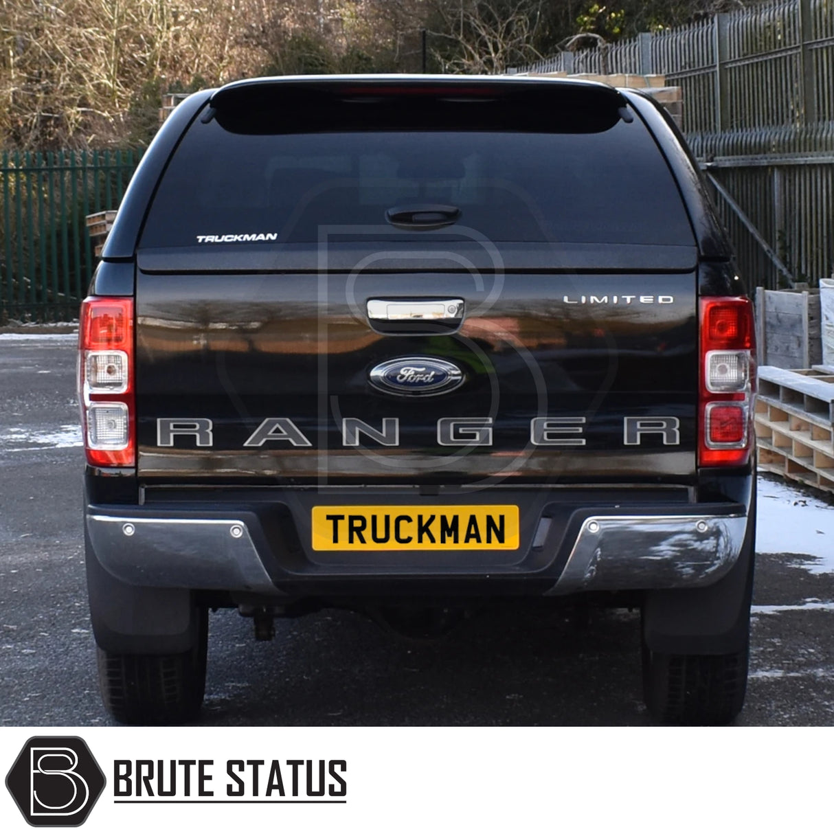Ford Ranger 2012-2022 Truckman GLS Hardtop Canopy with remote locking and roof bars, featuring a sleek design with a stylish spoiler and tinted sliding windows.