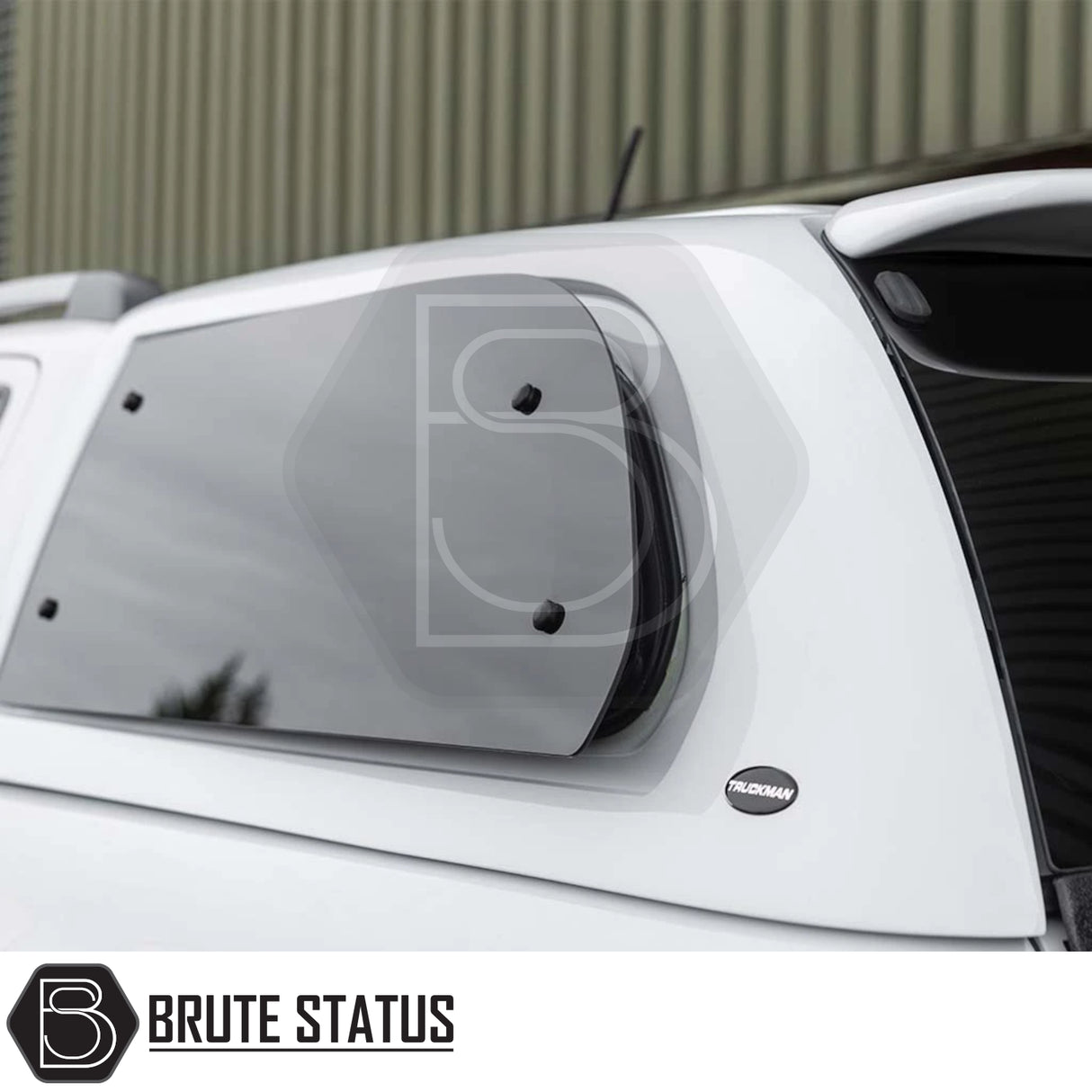 Side view of Ford Ranger 2012-2022 Truckman Grand Hardtop Canopy with pop-out tinted window, Truckman badge, and Brute Status watermark.