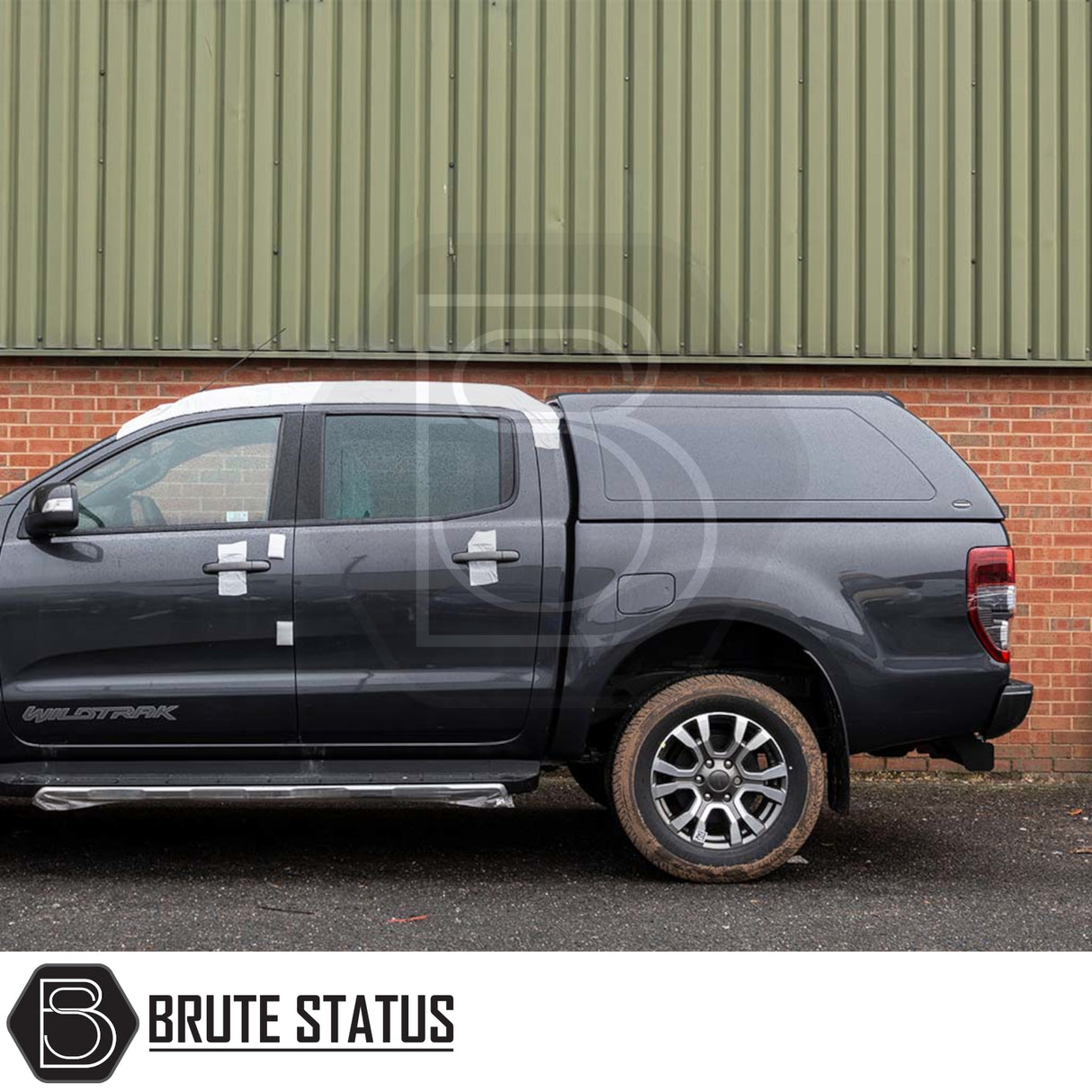 Ford Ranger 2012-2022 T6, T7, T8 Truckman RS Hardtop Canopy, solid rear window, side profile, showcasing secure, robust design with protective film, by Brute Status.