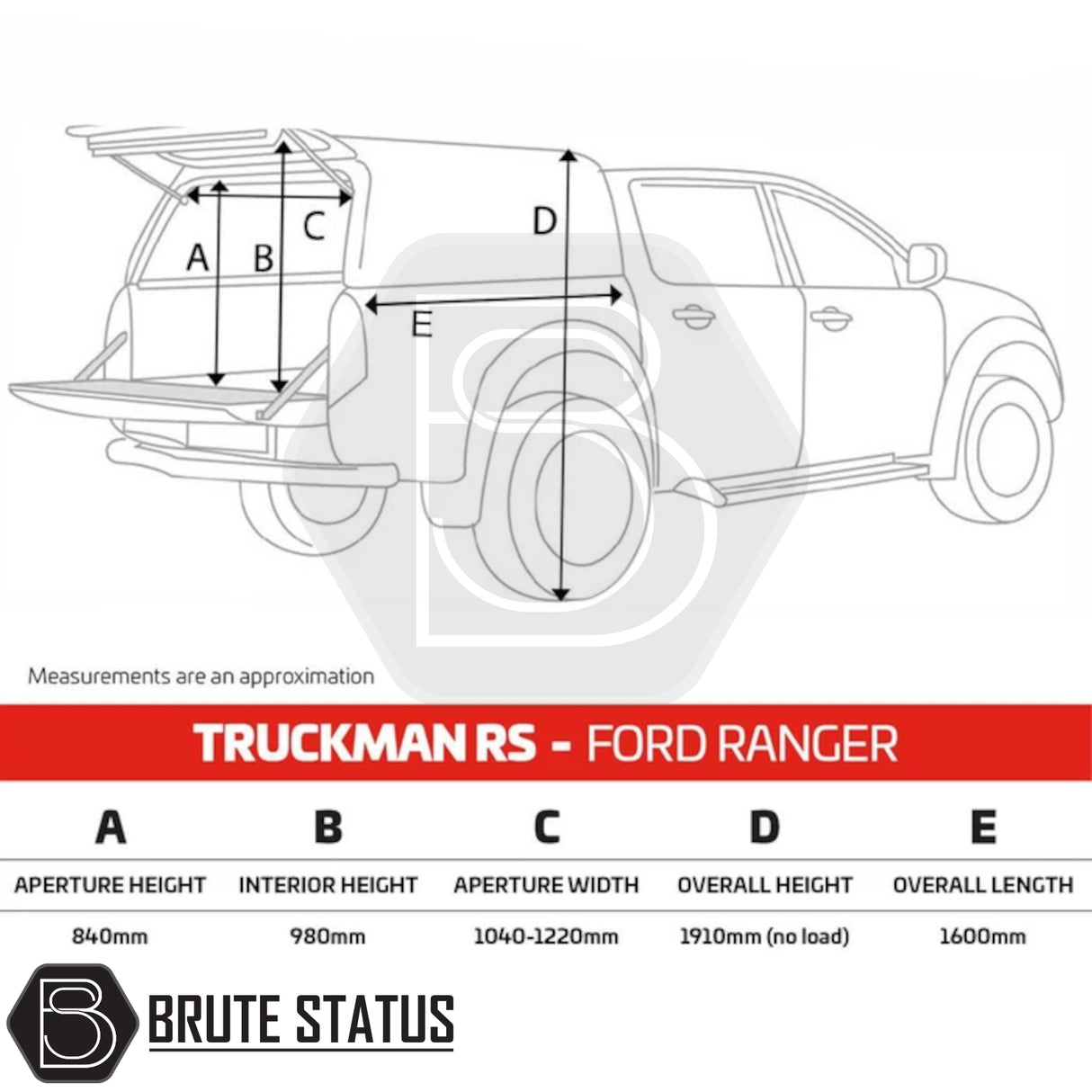 Ford Ranger 2012-2022 T6, T7, T8 Truckman RS Hardtop Canopy - Solid Rear Window with key dimensions and annotations for secure, robust pickup customization.