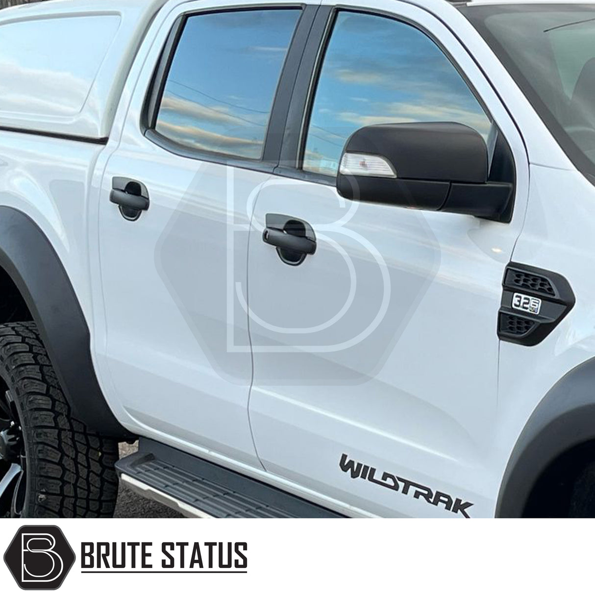 Ford Ranger 2012-2022 Matt Black Door Handle Inserts, set of 4, shown with adhesive backing for easy installation on truck models. High-quality ABS plastic, non-fade.