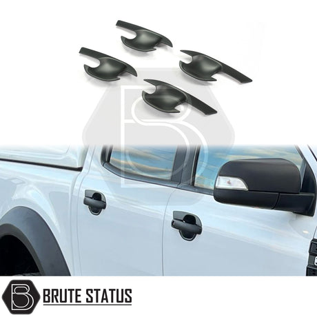 Ford Ranger 2012-2022 Matt Black Door Handle Inserts, set of 4, shown with adhesive backing for easy installation on truck models. High-quality ABS plastic, non-fade.