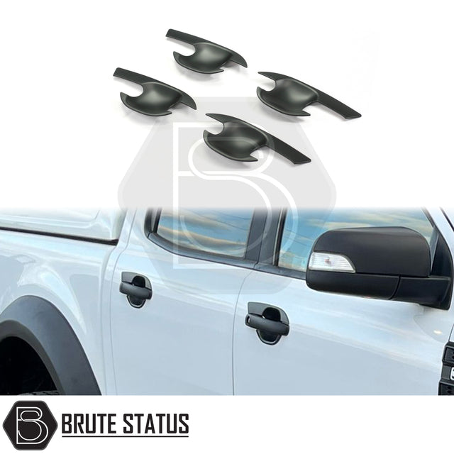 Ford Ranger 2012-2022 Matt Black Door Handle Inserts, set of 4, shown with adhesive backing for easy installation on truck models. High-quality ABS plastic, non-fade.