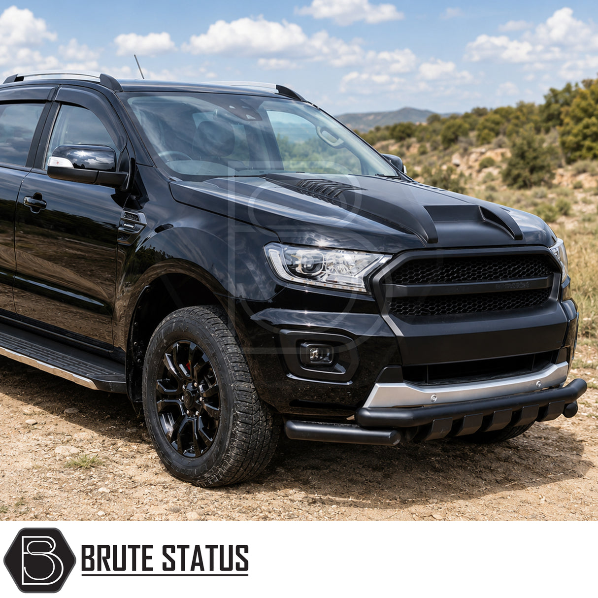 Ford Ranger T7 T8 Raptor inspired bonnet scoop accessory with automotive adhesive fitting and textured black finish