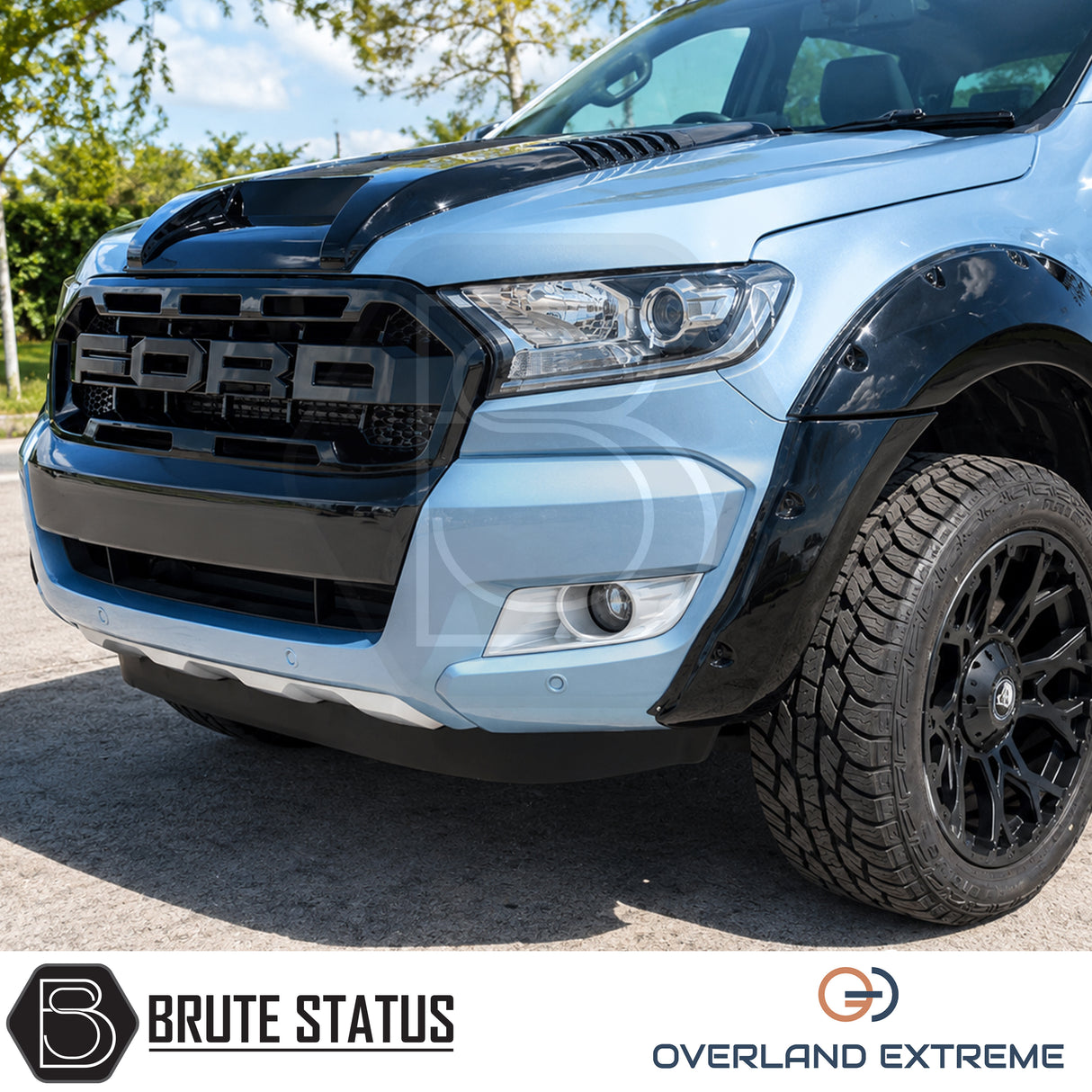 Ford Ranger 2015-2022 gloss black hood scoop, Overland Extreme bonnet styling accessory with easy adhesive installation and precision fit.