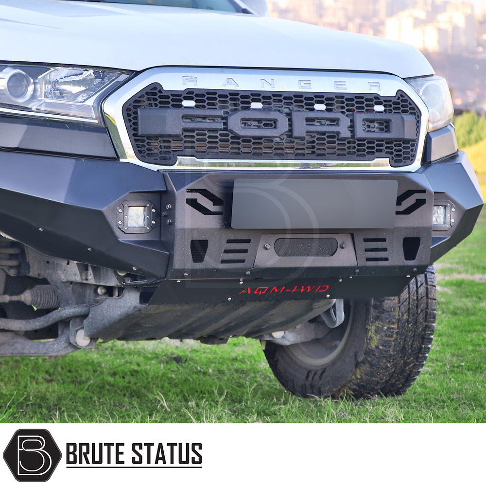 High-quality matt black aftermarket fitted winch bumper for Ford Ranger 2015-2022, featuring bright LED lights, space for winch installation (winch not included), and 3.5-tonne towing capacity. Heavy-duty upgrade delivered on a pallet; professional fitting recommended.