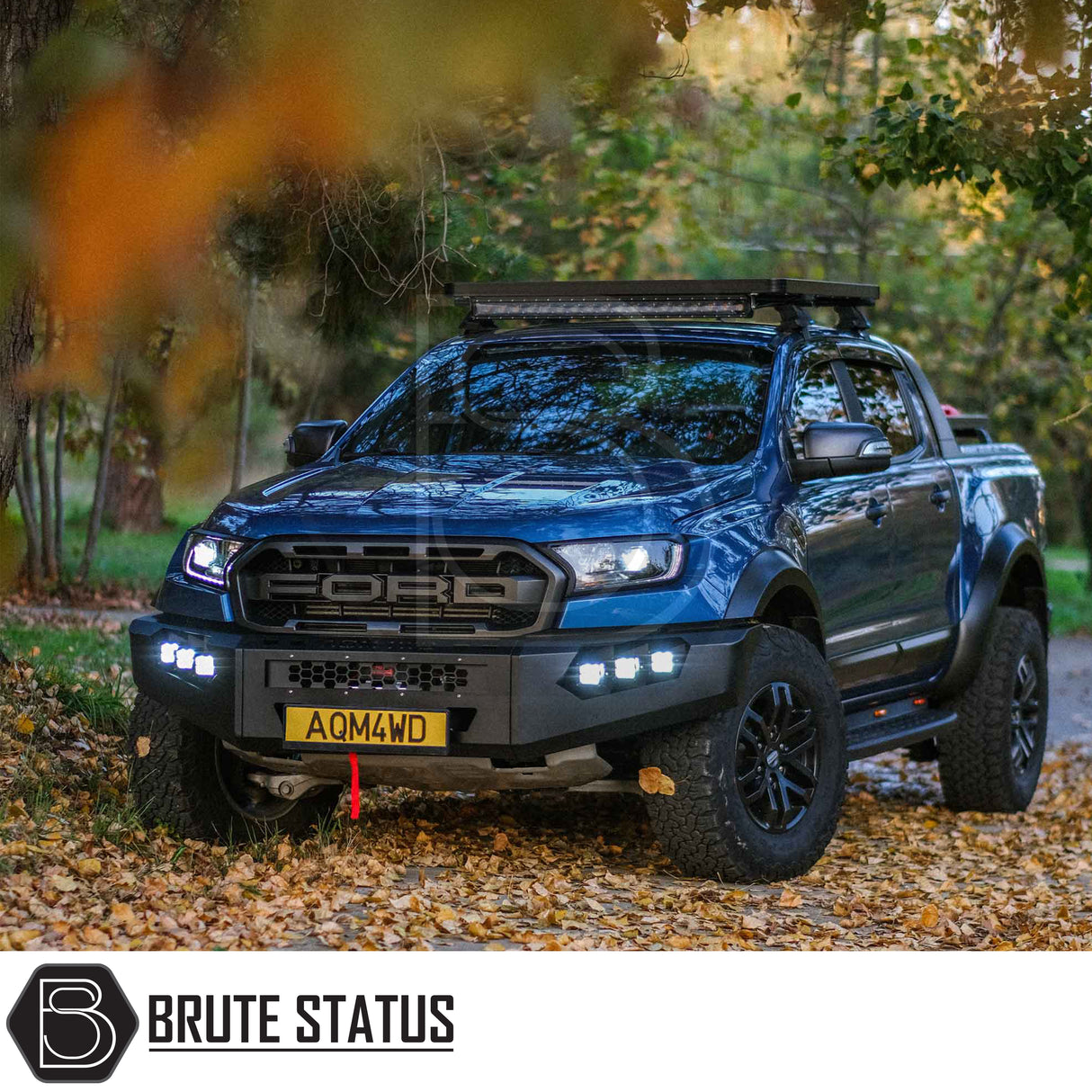 Ford Ranger 2015-2022 heavy duty winch bumper in matte black with integrated LED lights and 3.5 tonne towing capacity
