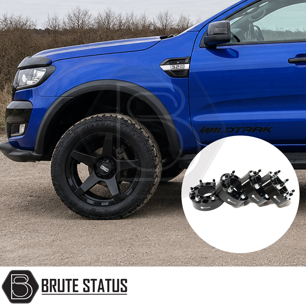 Full 6 piece smooth matte black ABS plastic wheel arch kit fitted to blue Ford Ranger pickup truck offroad 4x4 vehicle in a bundle with 50mm wheel spacers.