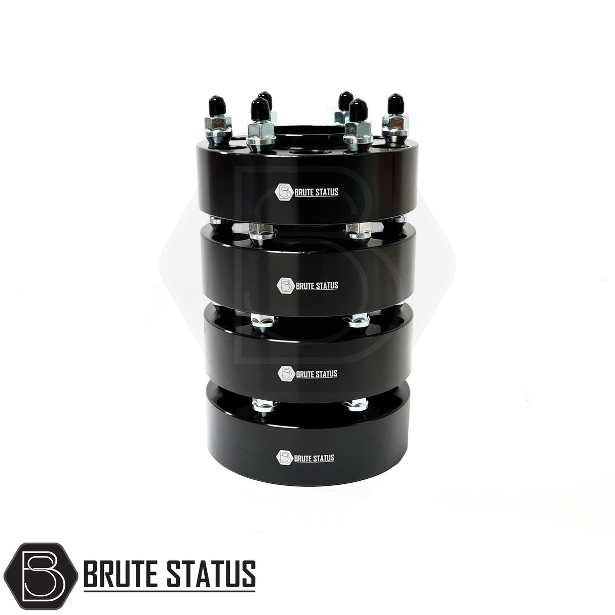Stack of aluminium 50mm wheel spacers with bolts pre-installed suitable for Ford Ranger 2015-2022 pickup truck offroad 4x4 vehicle.