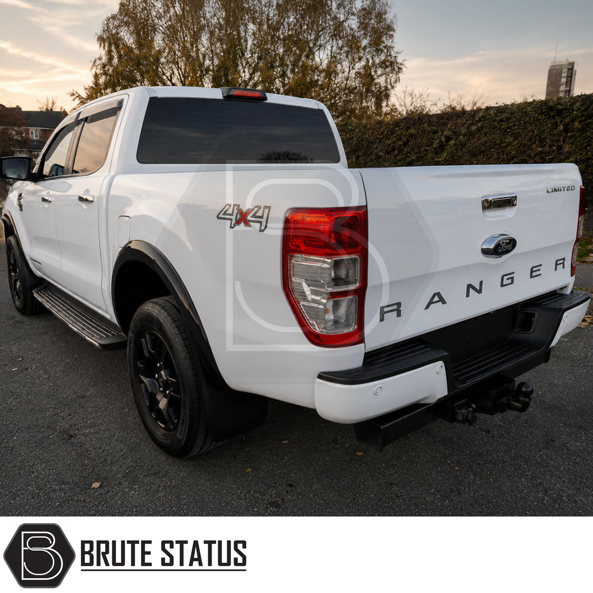 Gloss black slim arch kit fitted to a white Ford Ranger 2016-2022 Double Cab with enhanced road presence and factory-style finish