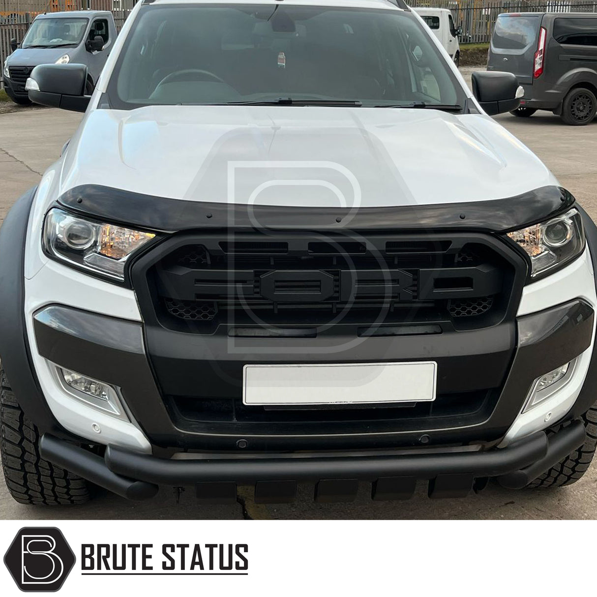 Ford Ranger 2015-2022 T7 T8 Slim Style Bonnet Guard, sleek black design, protects hood from debris, enhancing vehicle's rugged appeal with easy installation.