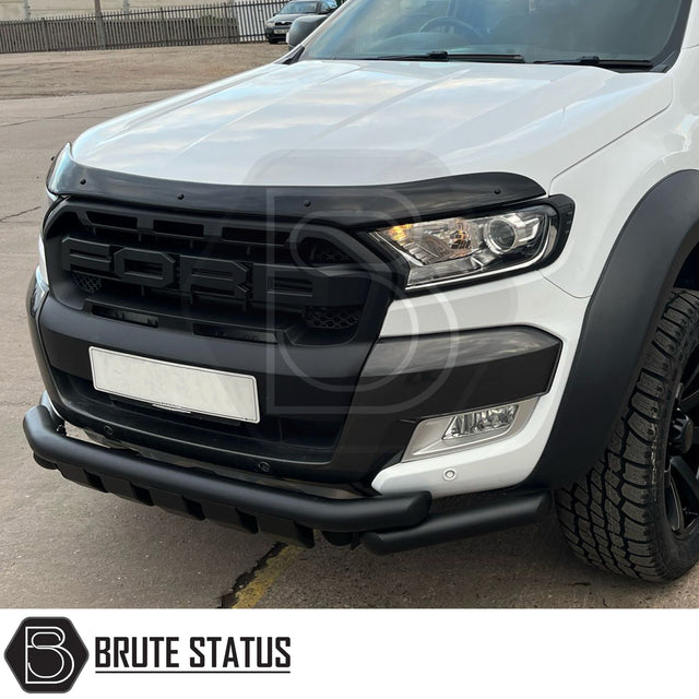Ford Ranger 2015-2022 T7 T8 Slim Style Bonnet Guard, sleek black design, protects hood from debris, enhancing vehicle's rugged appeal with easy installation.
