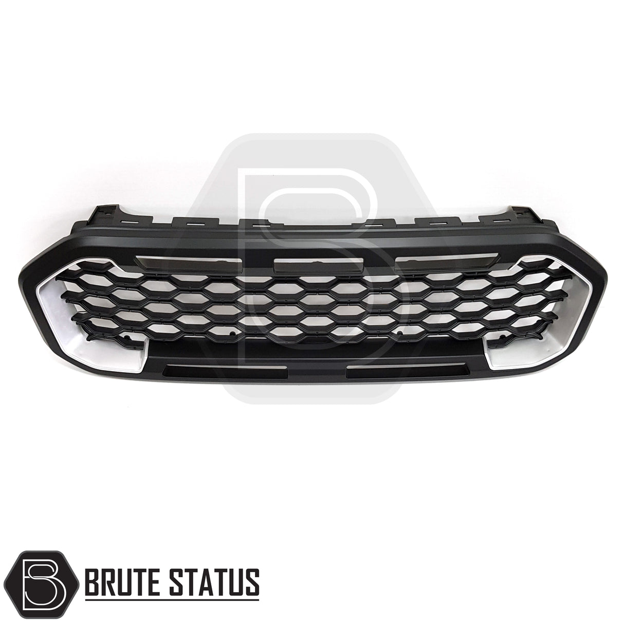Black and silver aftermarket grille for 2019-2022 Ford Ranger T8 XL, XLT, and Limited models, ABS plastic, smooth finish, reversible fit, pairs well with wide body fender flares.