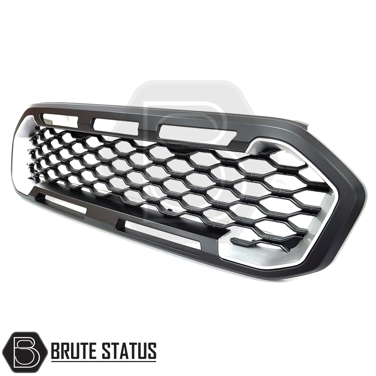 2019-2022 Ford Ranger T8 XL/XLT/Limited non-Wildtrak front grille, black ABS with silver accents, easy DIY installation, compatible with fender flare kits for a rugged Raptor look.