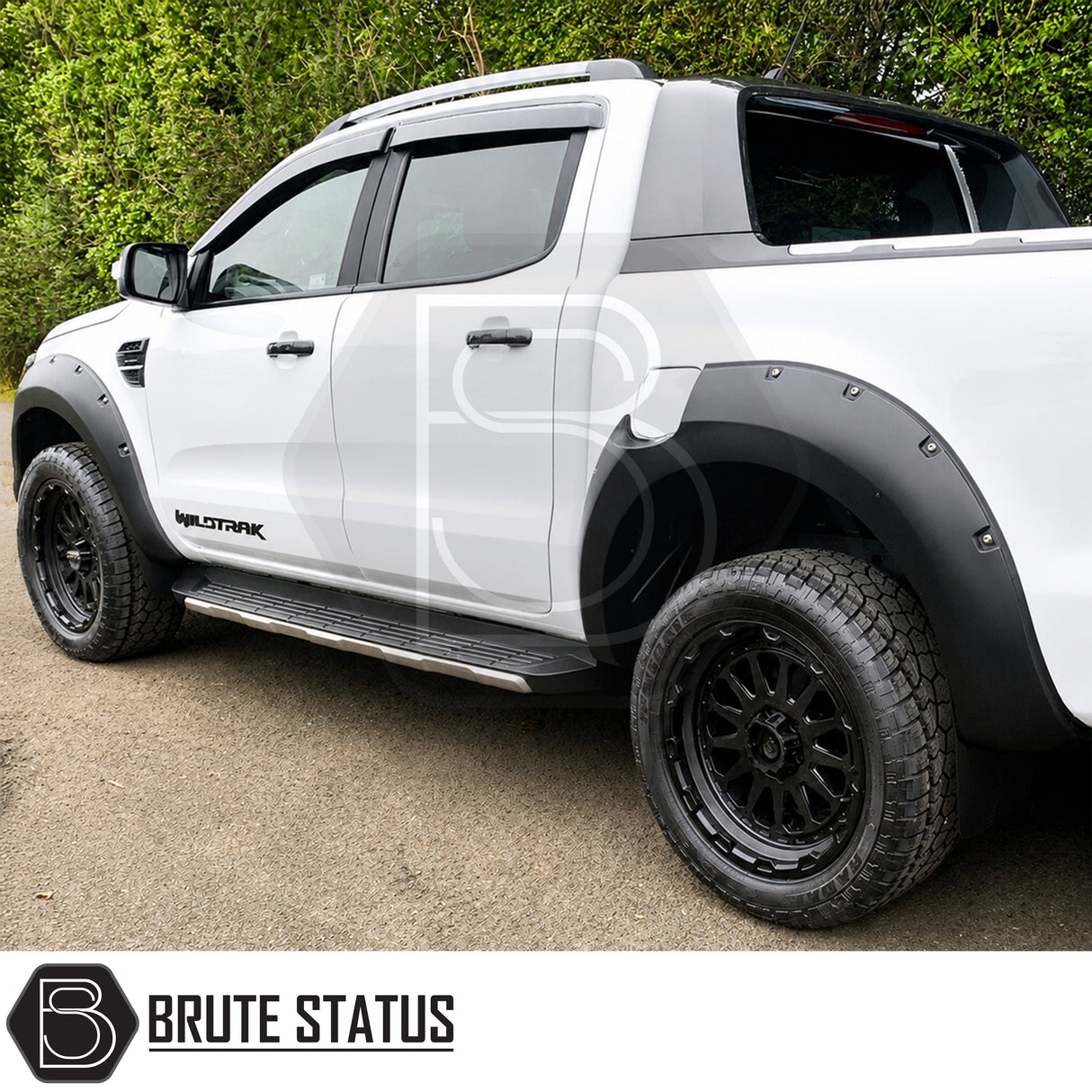 Ford Ranger T8 2019-2022 riveted style wide arch kit, black ABS wheel arch extensions for Double Cab pickup trucks with Park Assist compatibility.